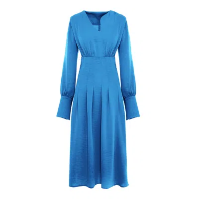 Bluzat Women's Baby Blue Midi Dress With Pleats And Asymmetrical Cut Neck