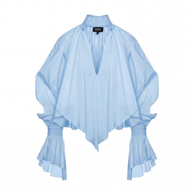 Bluzat Women's Baby Blue Oversized Shirt With High Collar And Balloon Sleeves
