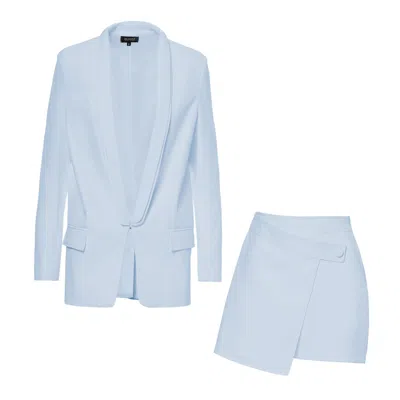 Bluzat Women's Baby Blue Suit With Oversized Blazer With Double Lapels And Shorts With Skirt