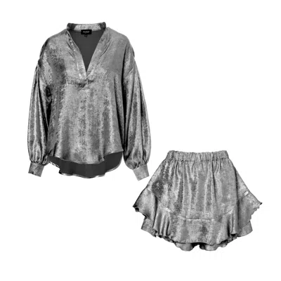 Bluzat Women's Black - Metallic Set With Blouse And Ruffled Pants With Skirt