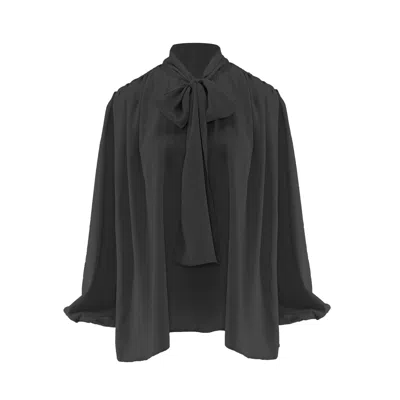 Bluzat Women's Black  Blouse With Draped Shoulders & Bow Ribbon
