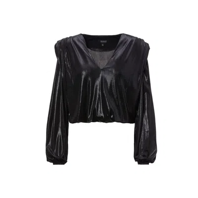 Bluzat Women's Black Blouse With Draping Detailing And Puffy Sleeves
