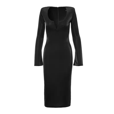 Bluzat Women's Black Bodycon Midi Dress With V-neck Detail And Structured Shoulders