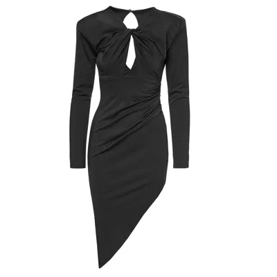 Bluzat Women's Black Dress With Oversized Shoulders And Knotted Neckilne