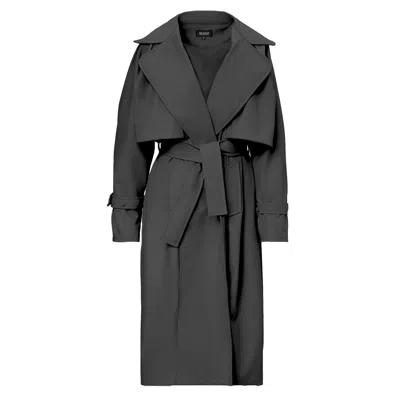 Bluzat Women's Black Leather Raglan Sleeve Trench Coat With Belt