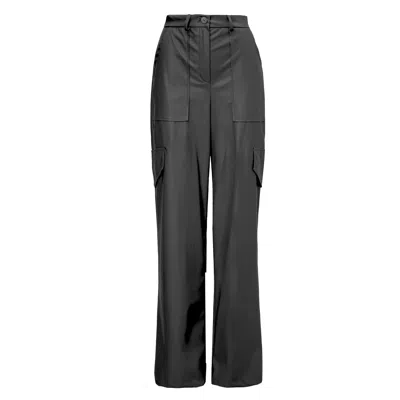 Bluzat Women's Black Leather Wide Leg Trousers With Pockets