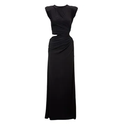 Bluzat Women's Black Maxi Dress With Asymmetrical Cut-outs And Oversized Shoulders