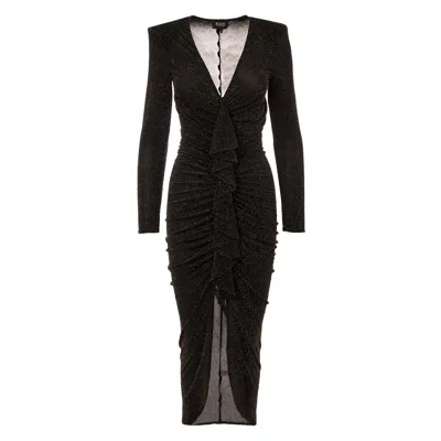Bluzat Women's Black Maxi Dress With Gold Inserts And Ruffle