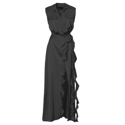 Bluzat Women's Black Maxi Dress With Oversized Shoulders And Ruffled Slit