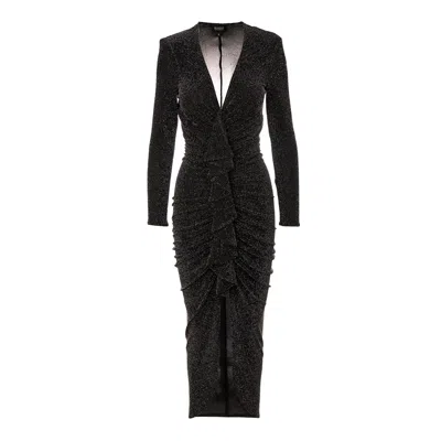 Bluzat Women's Black Maxi Dress With Silver Inserts And Ruffle