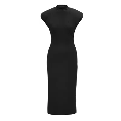 Bluzat Women's Black Midi Dress With Oversized Shoulders And Side Slit