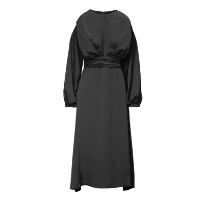 Bluzat Women's Black Midi Dress With Shoulder Pads Detail And Pleats