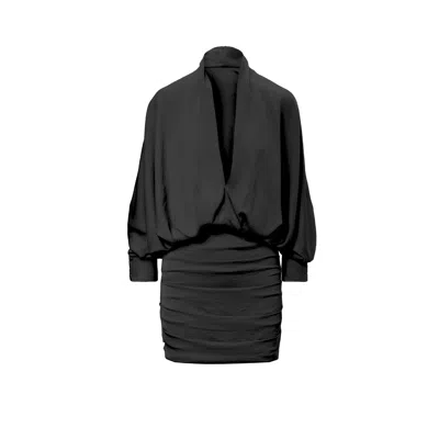 Bluzat Women's Black Mini Dress With Draping Detailing And Wide Sleeves