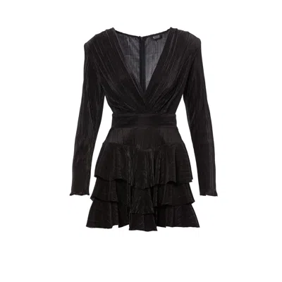 Bluzat Women's Black Mini Dress With Gold Details And Ruffles