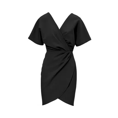 Bluzat Women's Black Mini Dress With Pleats And V-neck