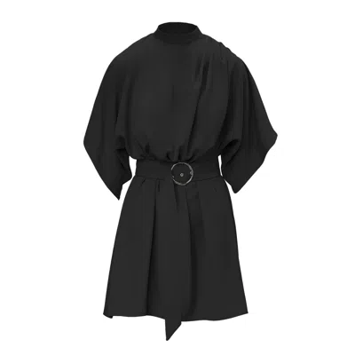 Bluzat Women's Black Mini Dress With Pleats And Waist Belt