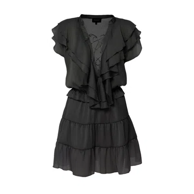 Bluzat Women's Black Mini Dress With Ruffles & String Neckline