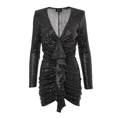 Bluzat Women's Black Mini Dress With Sparkling Details And Ruffle
