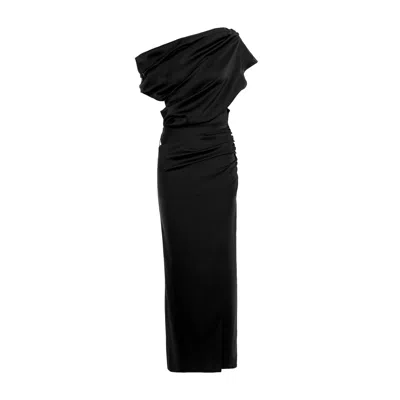 Bluzat Women's Black Off-shoulder Draped Maxi Dress With Asymmetrical Design