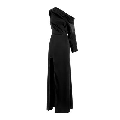 Bluzat Women's Black One-shoulder Draped Midi Dress With Side Slit