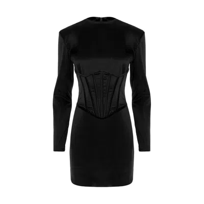 Bluzat Women's Black Satin Mini Dress With Integrated Corset