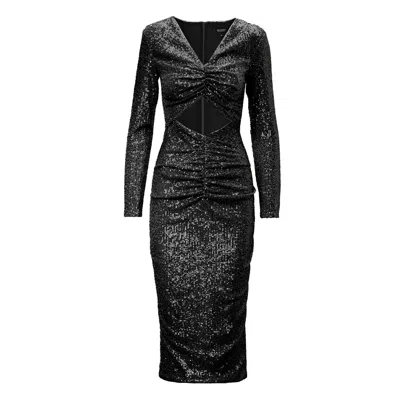 Bluzat Women's Black Sequin Midi Dress With Cut-out And Gathered Detailing