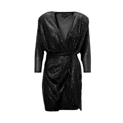 Bluzat Women's Black Sequin Mini Dress With Draping Detail And Scarf