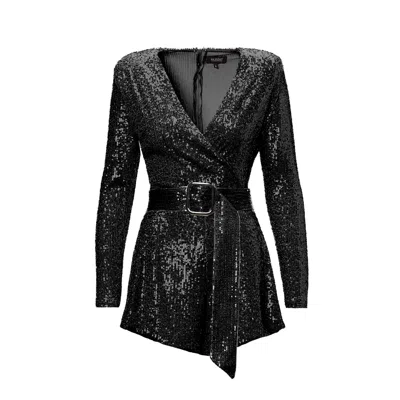 Bluzat Women's Black Sequin Mini Jumpsuit With Proeminent Shoulders And Belt