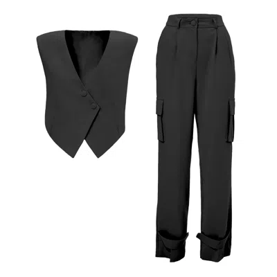 Bluzat Women's Black Suit With Asymmetrical Vest And Cargo Pants