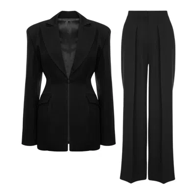 Bluzat Women's Black Suit With Balloon Blazer And Wide Leg Trousers