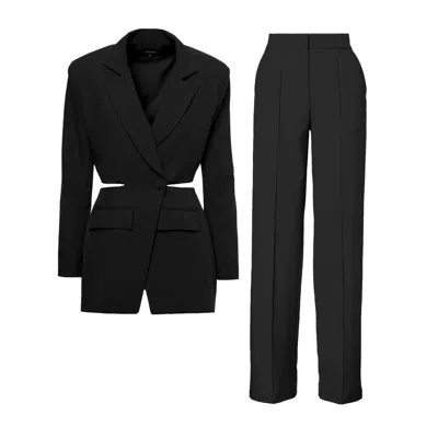 Bluzat Women's Black Suit With Blazer With Waistline Cut-out And Stripe Detail Trousers