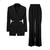 Bluzat Women's Black Suit With Blazer With Waistline Cut-out And Ultra Wide Leg Trousers In Black
