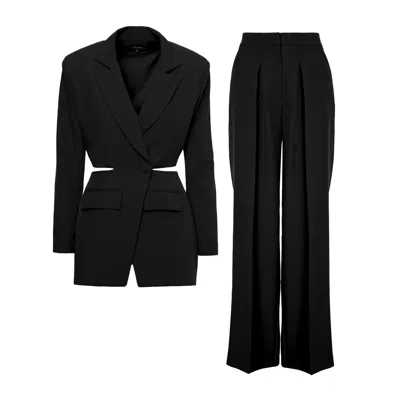 Bluzat Women's Black Suit With Blazer With Waistline Cut-out And Ultra Wide Leg Trousers