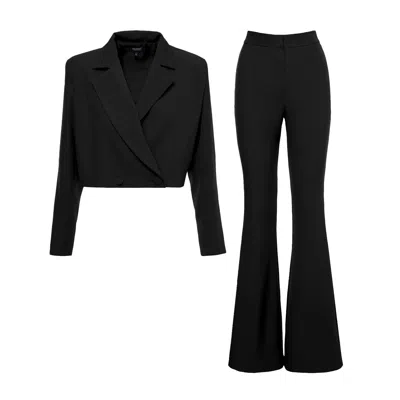 Bluzat Women's Black Suit With Cropped Blazer And Flared Trousers
