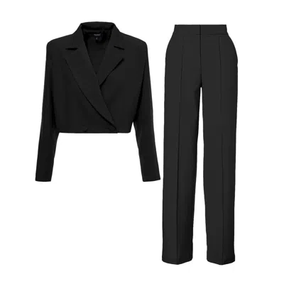 Bluzat Women's Black Suit With Cropped Blazer And Stripe Detail Trousers