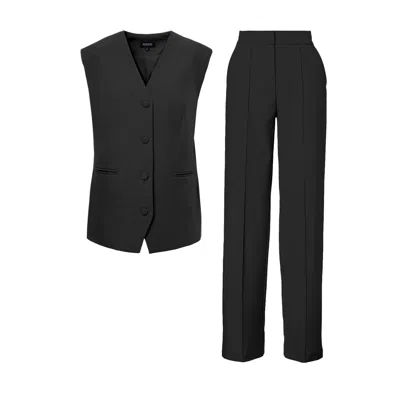 Bluzat Women's Black Suit With Oversized Vest And Stripe Detail Trousers