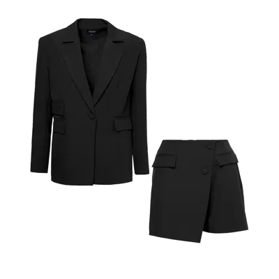 Bluzat Women's Black Suit With Regular Blazer With Double Pocket And Skort