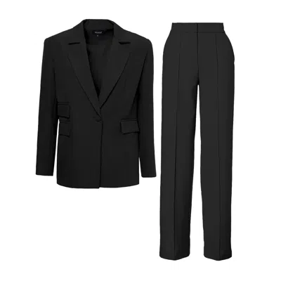 Bluzat Women's Black Suit With Regular Blazer With Double Pocket And Stripe Detail Trousers