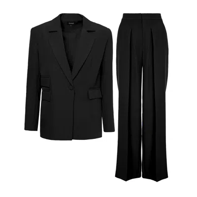 Bluzat Women's Black Suit With Regular Blazer With Double Pocket And Ultra Wide Leg Trousers