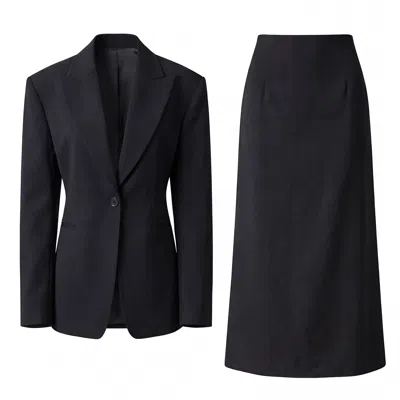 Bluzat Women's Black Suit With Tailored Blazer And Midi Skirt