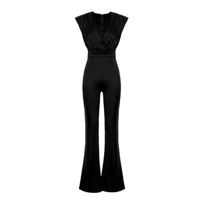 Bluzat Women's Black Wrap Front Wide Leg Jumpsuit With Cap Sleeves
