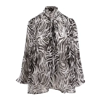 Bluzat Women's Black Zebra Chiffon Blouse With Draped Shoulders & Bow Ribbon