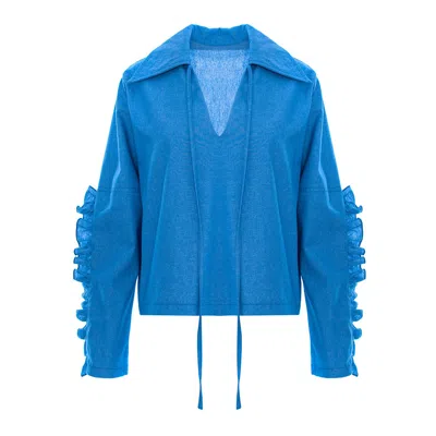 Bluzat Women's Blue Denim Blouse With Ruffles