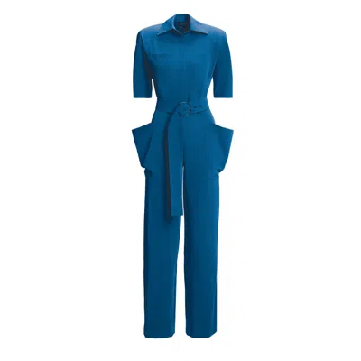 Bluzat Women's Blue Denim Maxi Jumpsuit With Short Sleeves