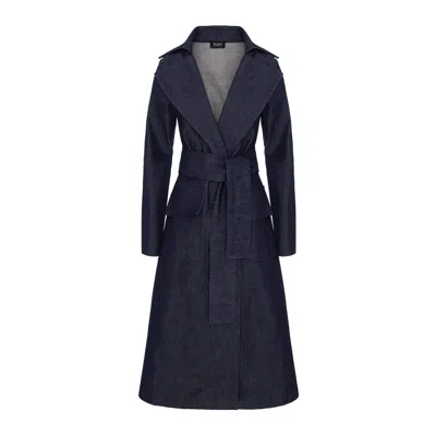 Bluzat Women's Blue Long Navy Denim Trench Coat