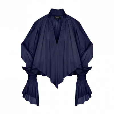 Bluzat Women's Blue Navy Oversized Shirt With High Collar And Balloon Sleeves