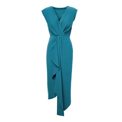 Bluzat Women's Blue Turqouise Midi Dress With Draping And Pleats