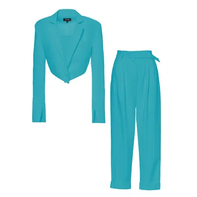 Bluzat Women's Blue Turquoise Suit With Cropped Blazer And Trousers