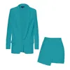 Bluzat Women's Blue Turquoise Suit With Oversized Blazer With Double Lapels And Shorts With Skirt In Blue