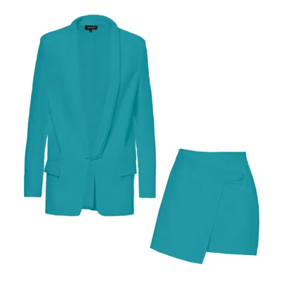 Bluzat Women's Blue Turquoise Suit With Oversized Blazer With Double Lapels And Shorts With Skirt